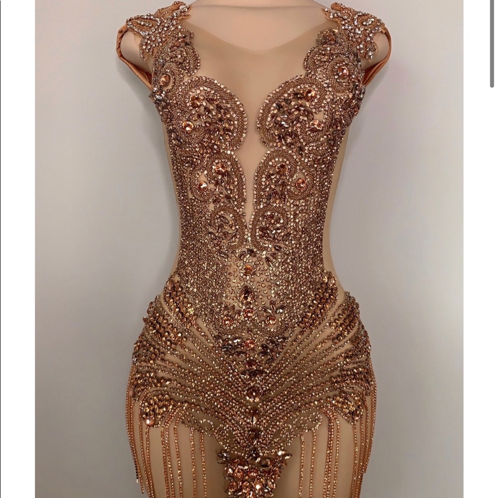 Rose Gold Crystal/ fringe details with a Rose spandex back.